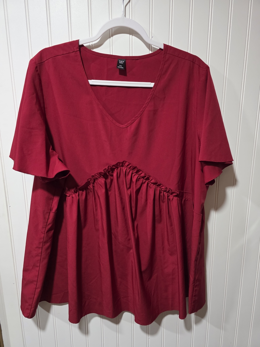 SHEIN Deep Red V-Neck Babydoll Blouse